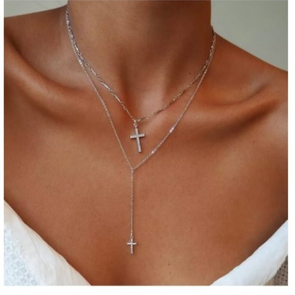 LiveChicStyle Jewelry - Gorgeous Double Cross Drop Silver Necklace